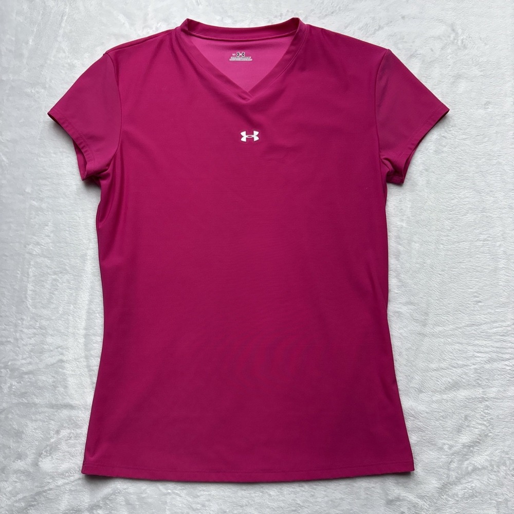 Under Armour HeatGear Womens Large Magenta Pink V-Neck Gym Tee Gorpcore